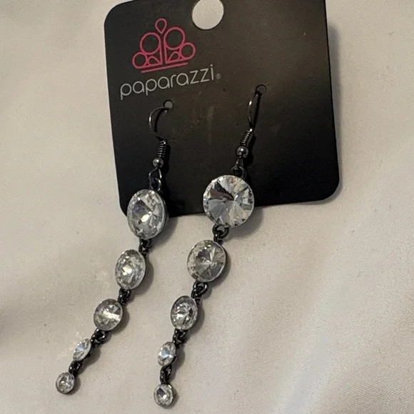 Paparazzi Silver-Tone Clear Rhinestone Linear Drop Earrings - Picture 4 of 4